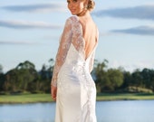 Boho Low Back Wedding Dress with long lace sleeves, Bohemian Fit and Flare Bridal dress