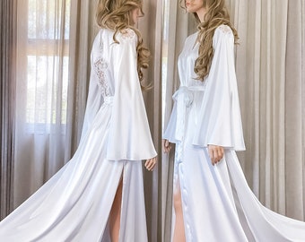 White Long Bridal Robe with side splits, Getting Ready Boudoir Maxi Dressing Gown, Luxury Wedding Gift for Bride