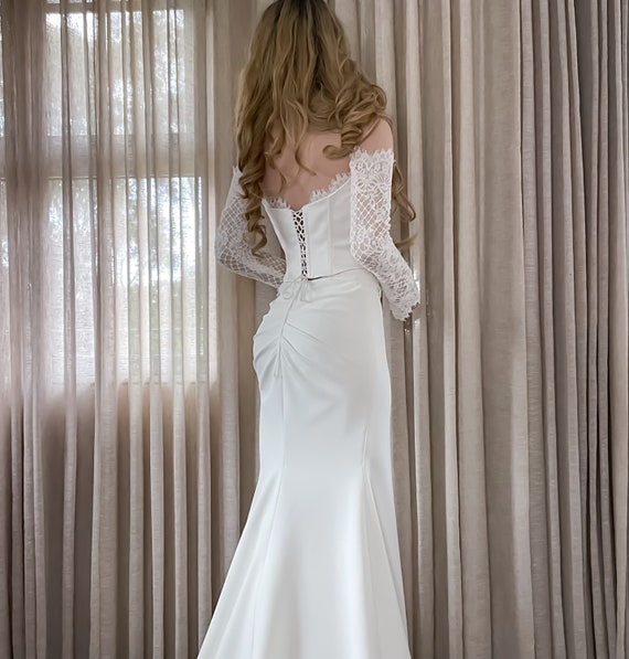 Fit and Flair Corset Wedding Dress with Detachable Lace Sleeves, Bridal Seperates