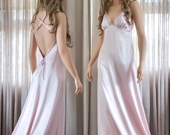 Elegant Light Pink Long Backless Satin Nightgown Negligee Slip, Honeymoon Bridal Lingerie, Bridal Shower Gift for her