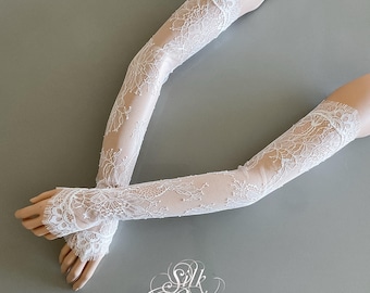 Detachable Soft Delicate Lace Sleeves, Custom made Long Fingerless lace bridal gloves, Bridal separates
