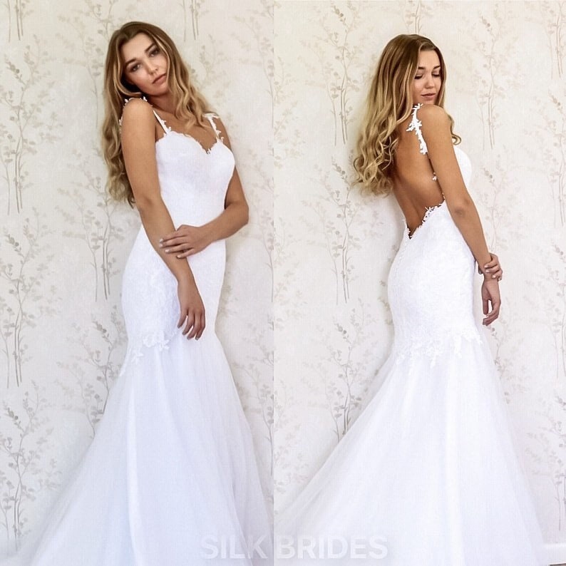 Backless Fit and flare Wedding Dress, Mermaid Low Back Bridal Dress with lace stripes image 1