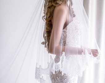 Boho Bridal Veil with Lace Trim, Wedding Veil, White Mantilla Veil, Drop Tulle Veil, Lace & Tulle Veil, Wedding Accessorie, White or Ivory