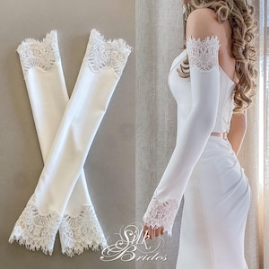 Detachable Off white Lace trimed Sleeves/ Fingerless Crepe Bridal gloves for Wedding Dress, Custom made gloves, Bridal separate