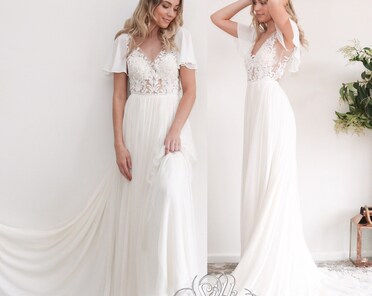 chi chi women's flutter sleeve backless lace wedding dress reviews Alette Maxi Dress Flutter Sleeves – Ivory Bridal & Wedding Dress