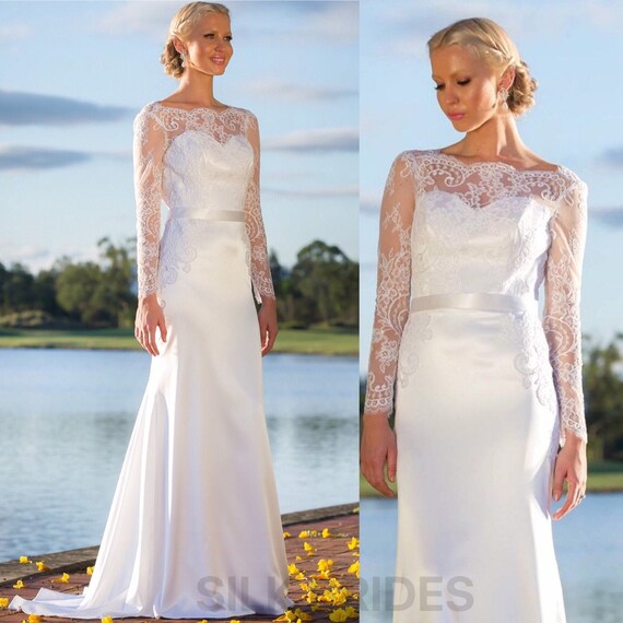 Boho Low Back Wedding Dress With Long Lace Sleeves Bohemian Etsy