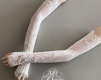 Detachable Soft Delicate Lace Sleeves, Custom made Long Fingerless lace bridal gloves, Bridal separates