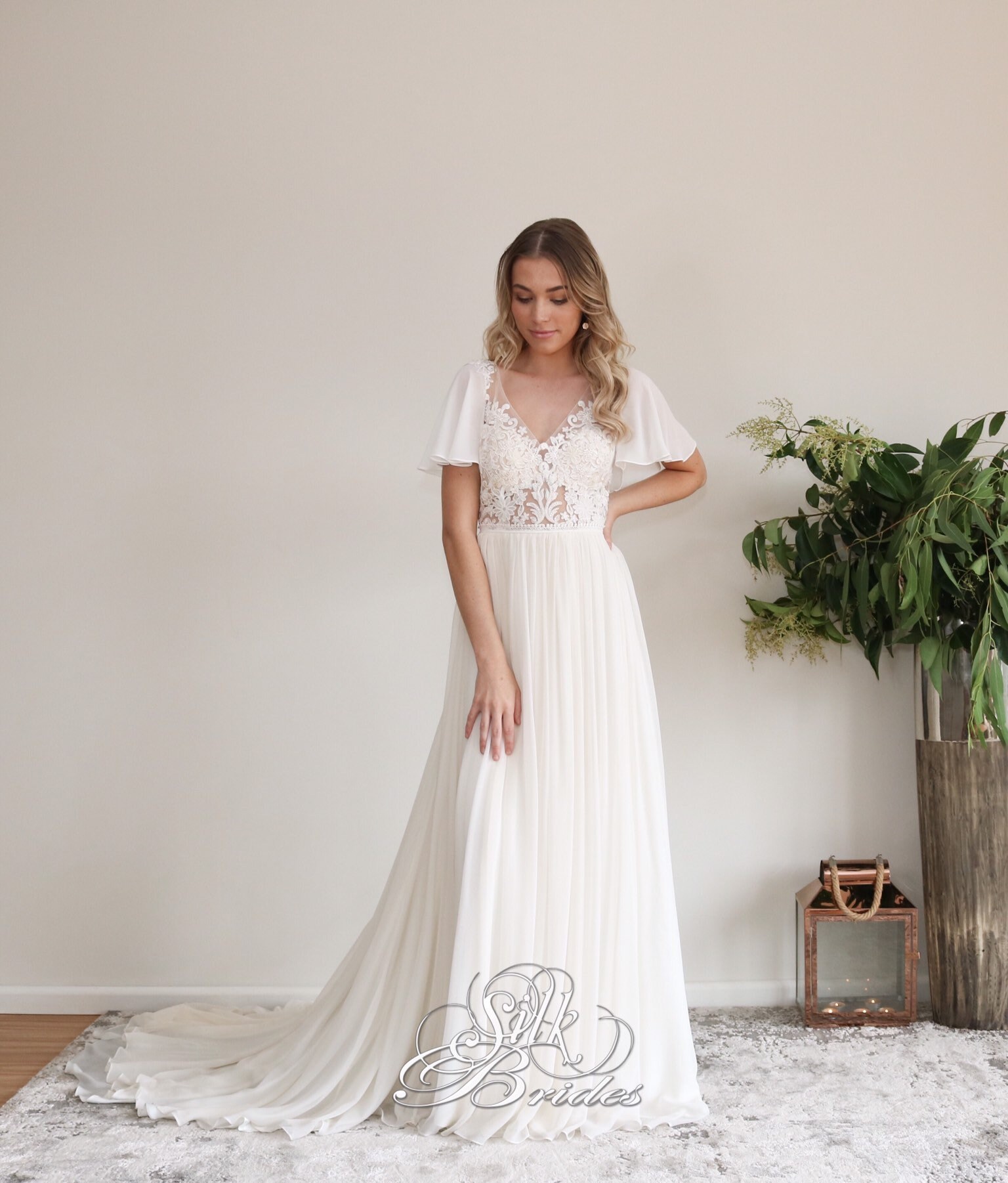 Flowy Flutter Sleeve Chiffon Wedding Dress with Keyhole Back, Romantic Beach Bridal Gown, V- neck