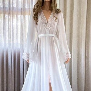Transparent Long Chiffon Bridal Robe with lace trim train, Boudoir Getting ready Dressing Gown, NEW COLLECTION