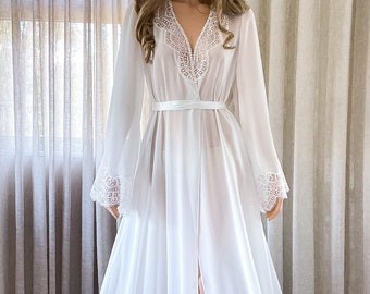 Transparent Long Chiffon Bridal Robe with lace trim train, Boudoir Getting ready Dressing Gown, NEW COLLECTION