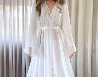 Transparent Long Chiffon Bridal Robe with lace trim train, Boudoir Getting ready Dressing Gown, NEW COLLECTION