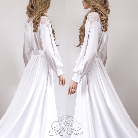 NEW White Satin Bridal Dressing Gown Robe With Train Long | Etsy