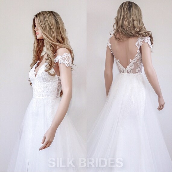 Elegant Off The Shoulder Wedding Dress With Detachable Tulle Etsy