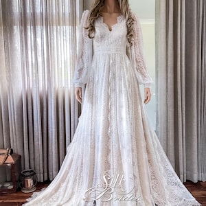 lace chiffon flutter sleeve a-line wedding dress CELINE / A Line Wedding Dress with Flutter Sleeves