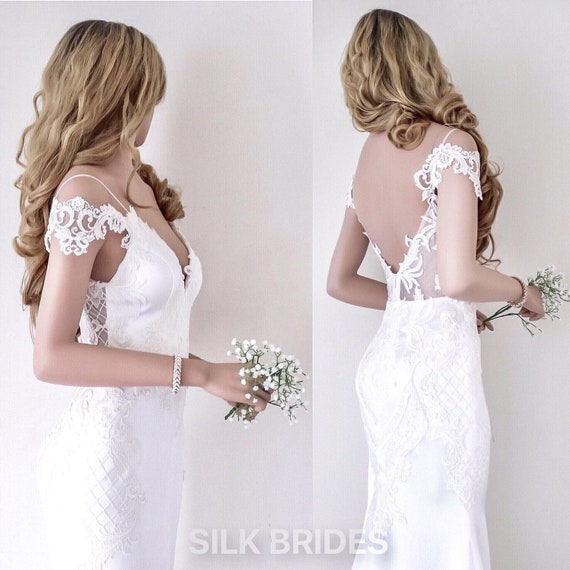 illusion off the shoulder wedding dress