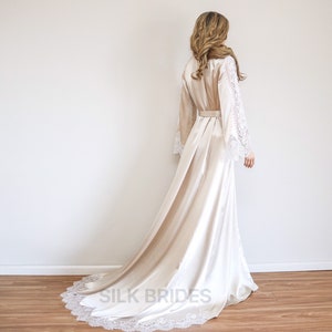 Champagne Long Bridal Robe with Train, Boudoir Maxi Dressing Gown, Luxury Wedding Gift image 8