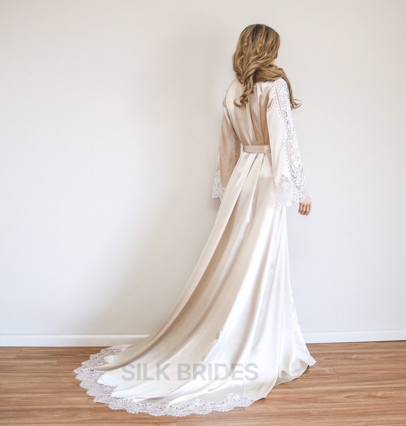 Champagne Long Bridal Robe with Train, Boudoir Maxi Dressing Gown, Luxury Wedding Gift image 8