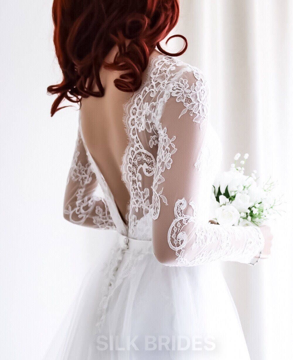 Winter Bridal Gown With Lace Sleeves Open Back Tulle Wedding - Etsy