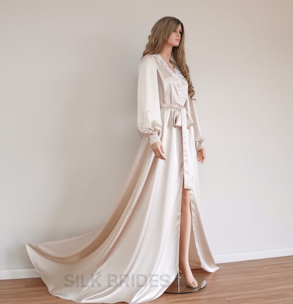 Maxi Long Bridal Robe With Train Champagne Getting Ready Dressing Gown Luxury Gift for Bride Etsy