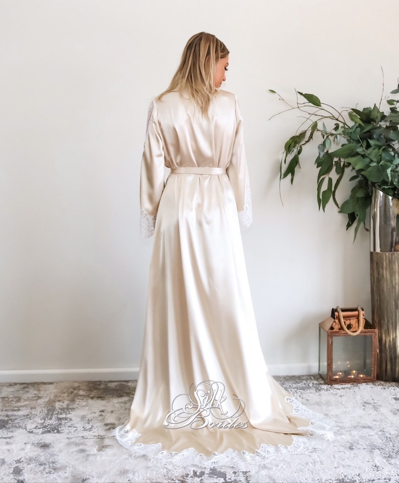 Champagne Long Bridal Robe with Train, Boudoir Maxi Dressing Gown, Luxury Wedding Gift image 5