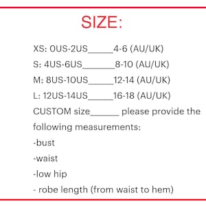 May include: Size chart for a garment with US and Australian/UK sizing. XS is US sizes 0-2, S is US sizes 4-6, M is US sizes 8-10, L is US sizes 12-14.  Instructions for custom sizing are provided.