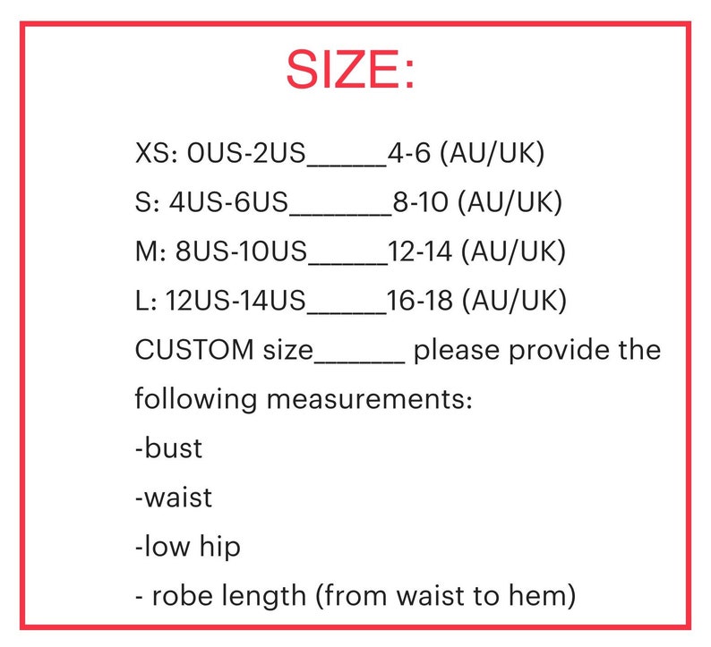 May include: Size chart for a garment with US and Australian/UK sizing. XS is US sizes 0-2, S is US sizes 4-6, M is US sizes 8-10, L is US sizes 12-14.  Instructions for custom sizing are provided.