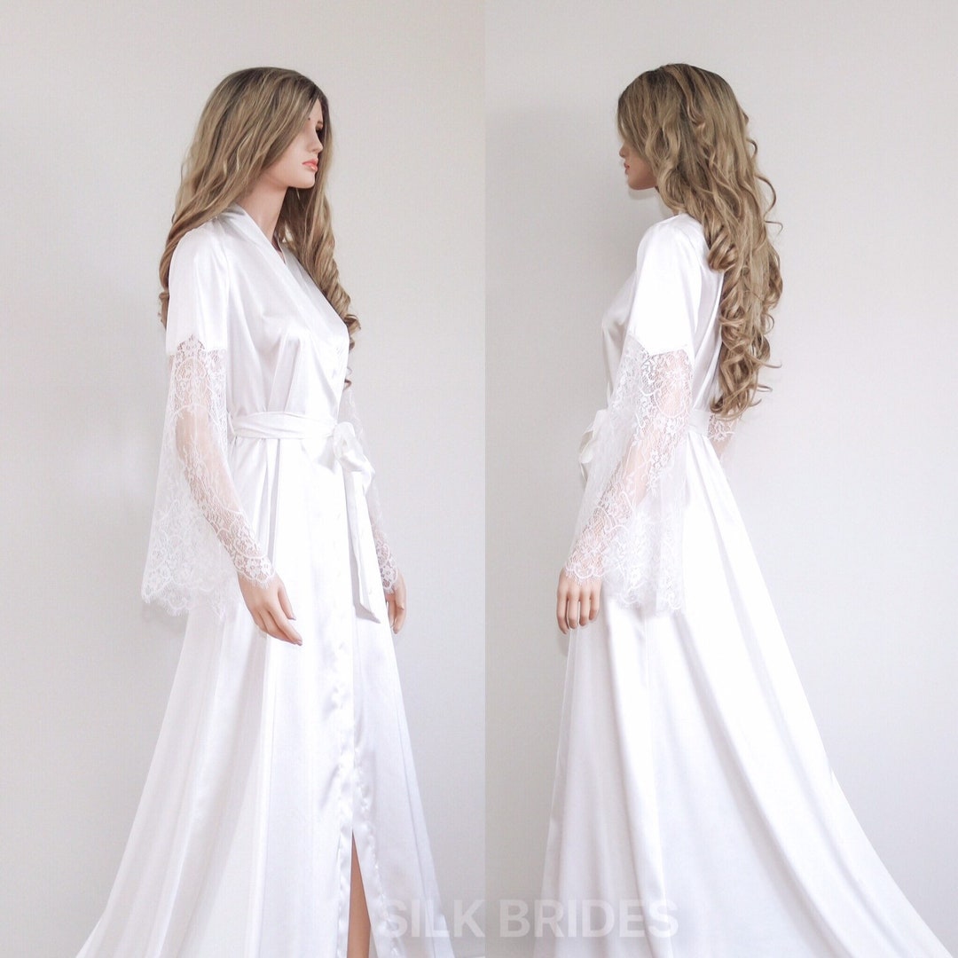 Long Bridal Robe With Small Train Soft Stretch Poly Satin - Etsy