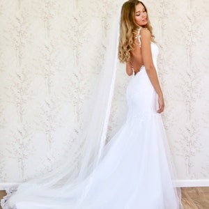 Backless Fit and flare Wedding Dress, Mermaid Low Back Bridal Dress with lace stripes image 3