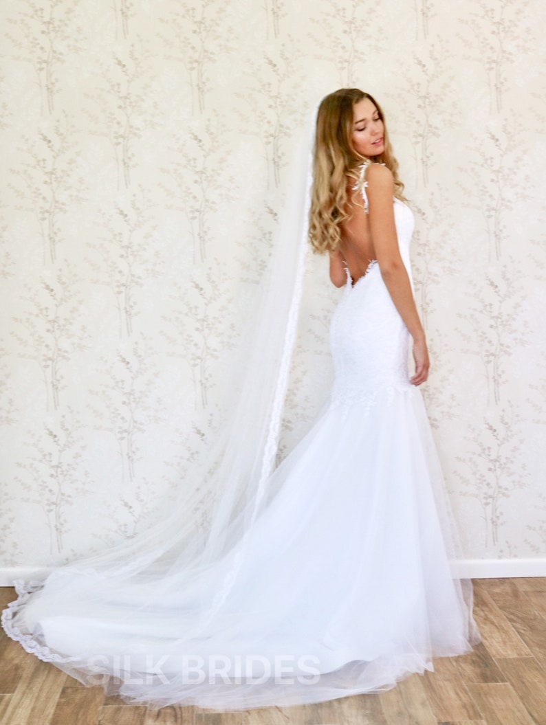 Backless Fit and flare Wedding Dress, Mermaid Low Back Bridal Dress with lace stripes image 3