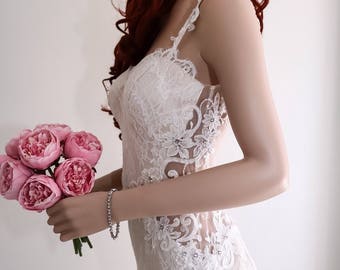 Boho Backless Wedding Dress, Sexy Fit and Flare Lace Bridal Dress, luxury Illusion Back Gown