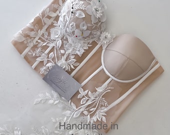3D Flower Silk Bridal Dress Bustier Corset With Lace up Back
