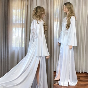 White Long Bridal Robe With Side Splits, Getting Ready Boudoir Maxi ...