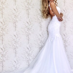 Backless Fit and flare Wedding Dress, Mermaid Low Back Bridal Dress with lace stripes image 2