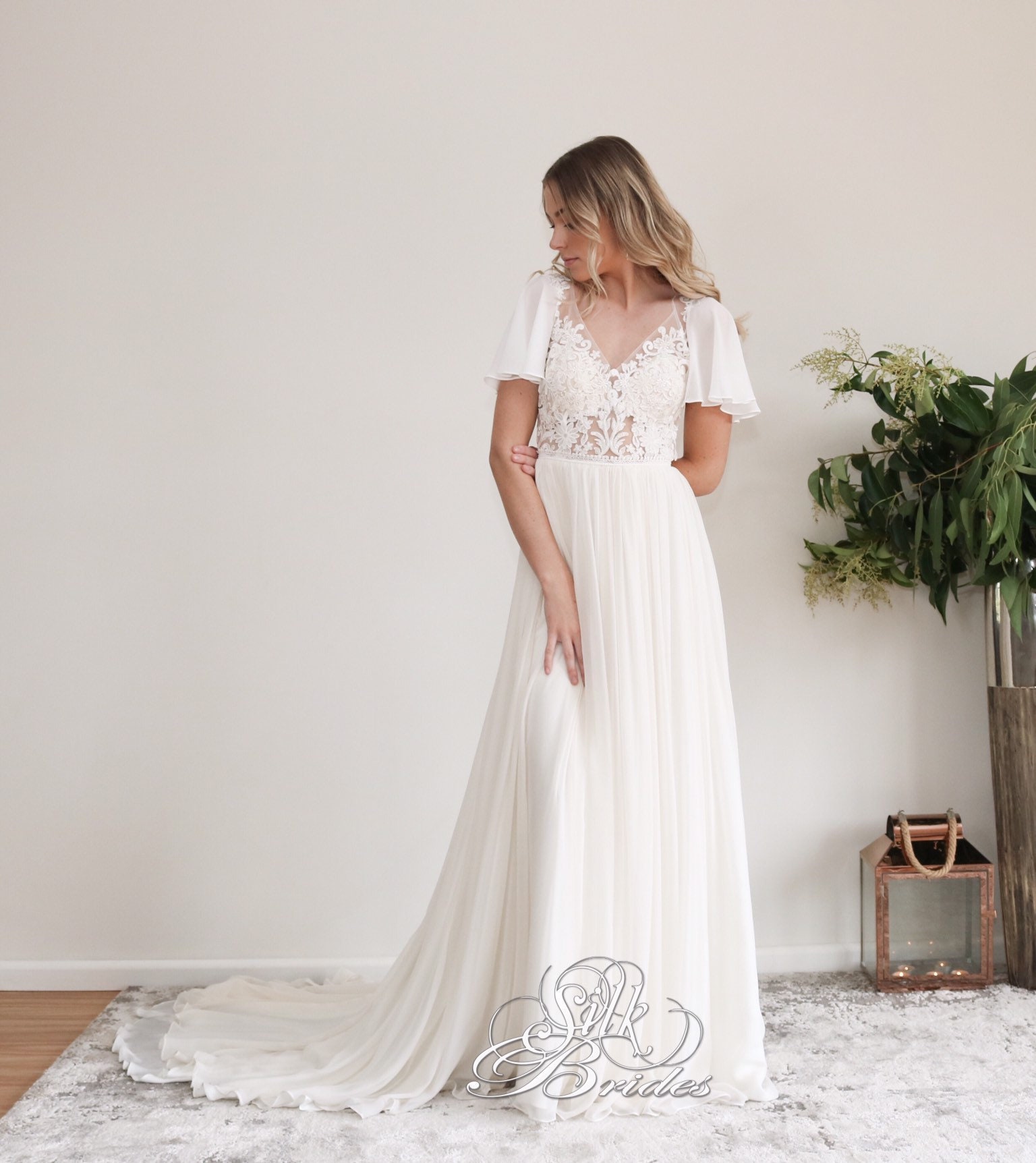 white christmas dresses Simple A-Line Chiffon Wedding Dress with Flutter Sleeves main image 1