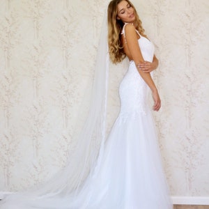 Backless Fit and flare Wedding Dress, Mermaid Low Back Bridal Dress with lace stripes image 4
