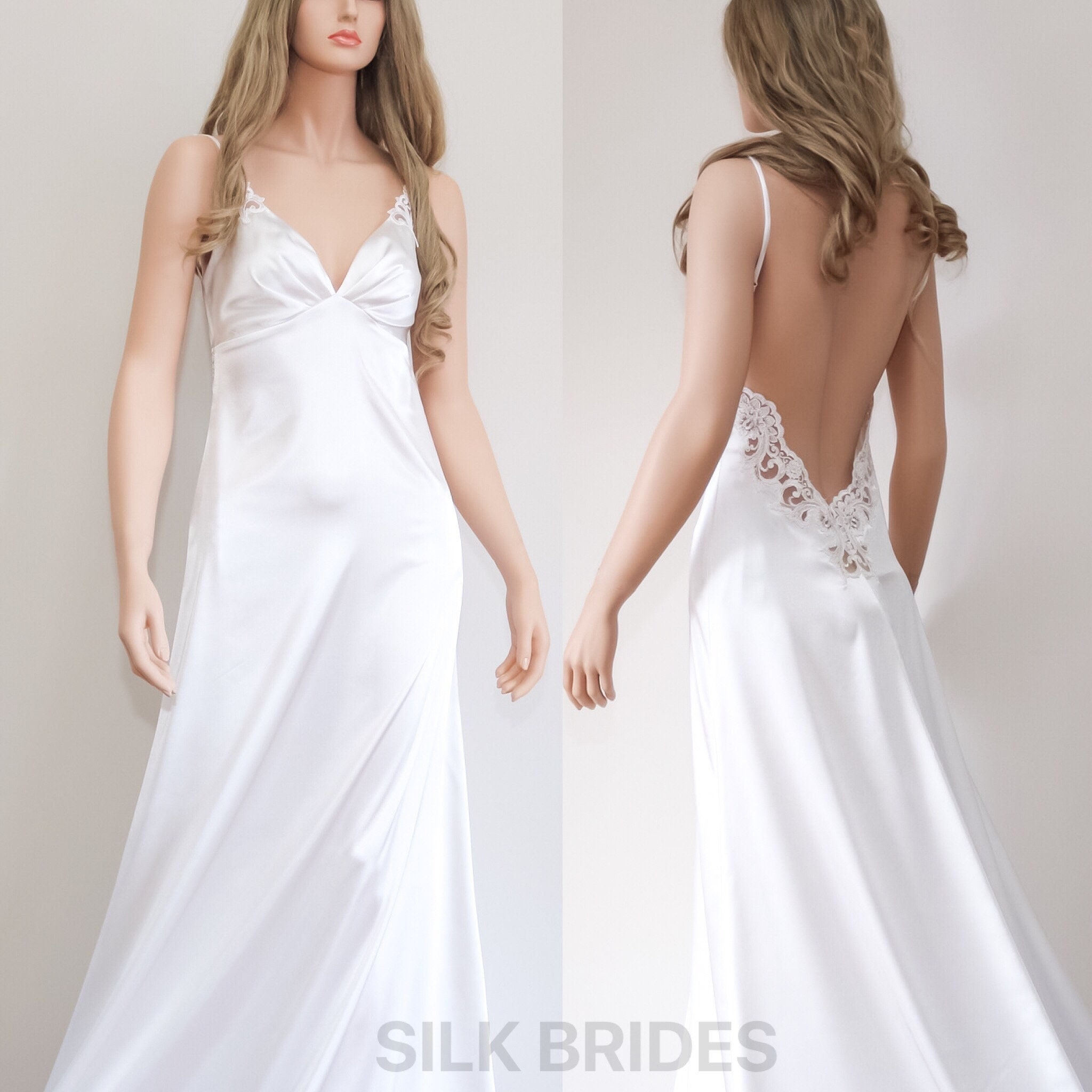 Sexy White Long Backless Satin Nightgown, Honeymoon Bridal