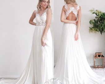 NEW Sexy Wedding Dress with Keyhole Back, Sleeves Lace & Chiffon  Bridal Gown