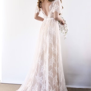 Lace Wedding Dress/ Unique Wedding Dress/ Boho Wedding Gown with sleeves/ Beach Wedding Dress/ Open back dress image 3