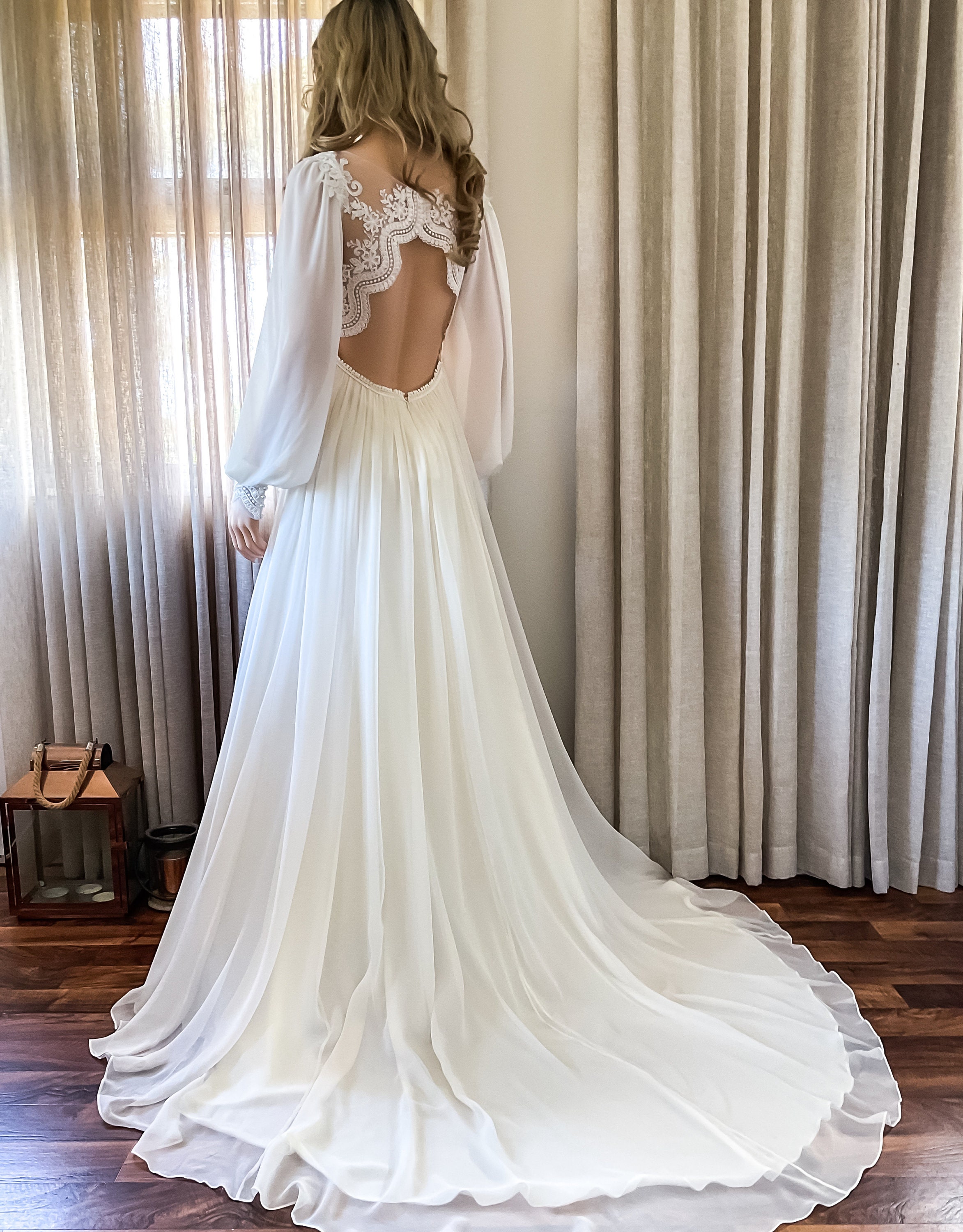 chinese dress ladies Lace Long Sleeve Wedding Dresses with Pockets Tulle A-Line Ruffles Tulle Long  Lace Bridal Gowns with Long Train Ivory PS011-CU at Amazon Women's Clothing  store