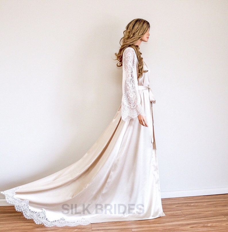 Champagne Long Bridal Robe with Train, Boudoir Maxi Dressing Gown, Luxury Wedding Gift image 7