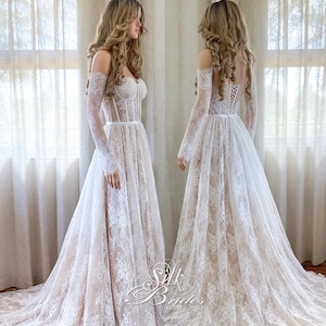 Off Shoulder Corset A- line Lace Wedding dress with detachable long lace sleeves and train. Sheer Lace  Illusion Bridal gown.