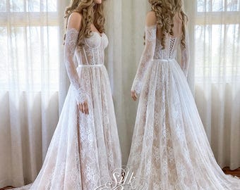 Off Shoulder Corset A- line Lace Wedding dress with detachable long lace sleeves and train. Sheer Lace  Illusion Bridal gown.