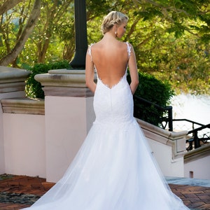 Backless Fit and flare Wedding Dress, Mermaid Low Back Bridal Dress with lace stripes image 8
