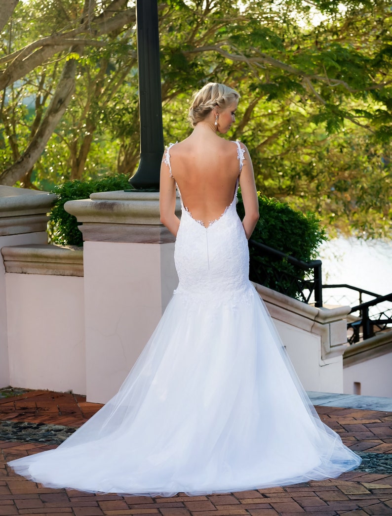 Backless Fit and flare Wedding Dress, Mermaid Low Back Bridal Dress with lace stripes image 8