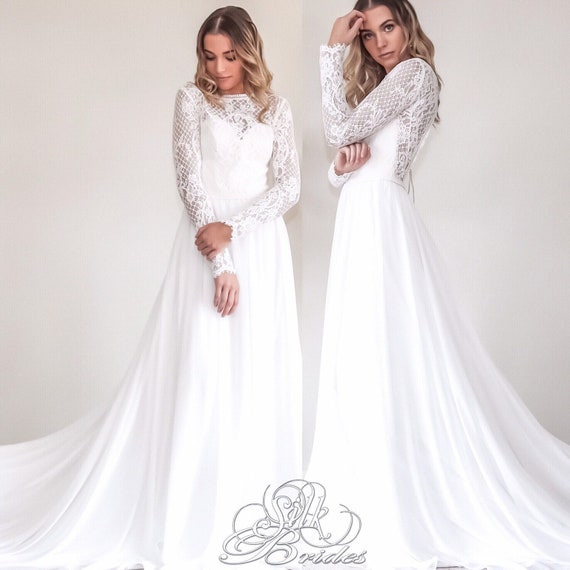 Winter Wedding Dress with Long Lace Sleeves and Flowy Chiffon Skirt, Long train Boho Bridal Gown