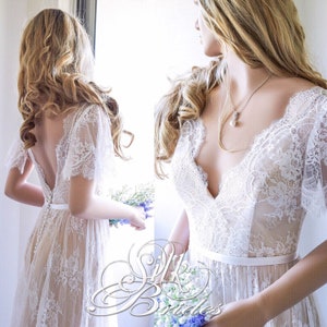 Flutter Sleeves Lace Beach Boho Wedding Dress with Train, Open Back V-Neckline Gown