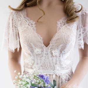 Lace Wedding Dress/ Unique Wedding Dress/ Boho Wedding Gown with sleeves/ Beach Wedding Dress/ Open back dress image 2