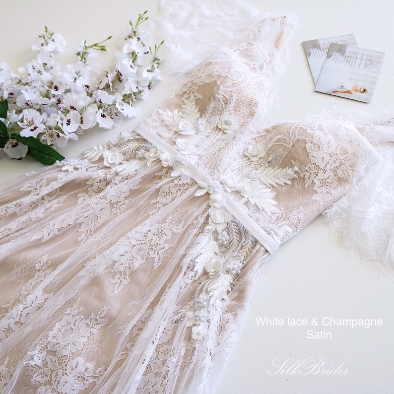 Lace Wedding Dress/ Unique Wedding Dress/ Boho Wedding Gown with sleeves/ Beach Wedding Dress/ Open back dress image 5