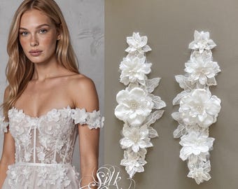 Detachable Off the shoulder Bridal Lace Sleeves with 3D flowers, Custom made short lace sleeves for wedding dress, Bridal separates