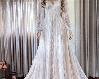 Long Puff Sleeves Lace Wedding Dress with Deep V back and neckline, Long train Boho Bridal Dress